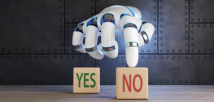 ngo-illustration-Artboard 5 Roboterhand entscheidet zwischen „Yes“ und „No“ – Symbol für automatisierte Entscheidungen nach Art. 22 DSGVO